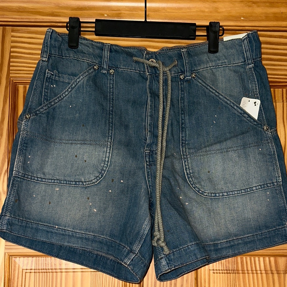 Free People Prime Time Casual Drawstring Denim Shorts - Distressed Blue. Size S